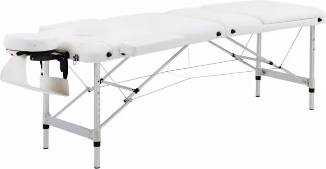 Lettino da massaggio pieghevole, regolabile in altezza con poggiatesta, per salone e spa, in plastica e alluminio, bianco, 215 x 60 x 61-84 cm