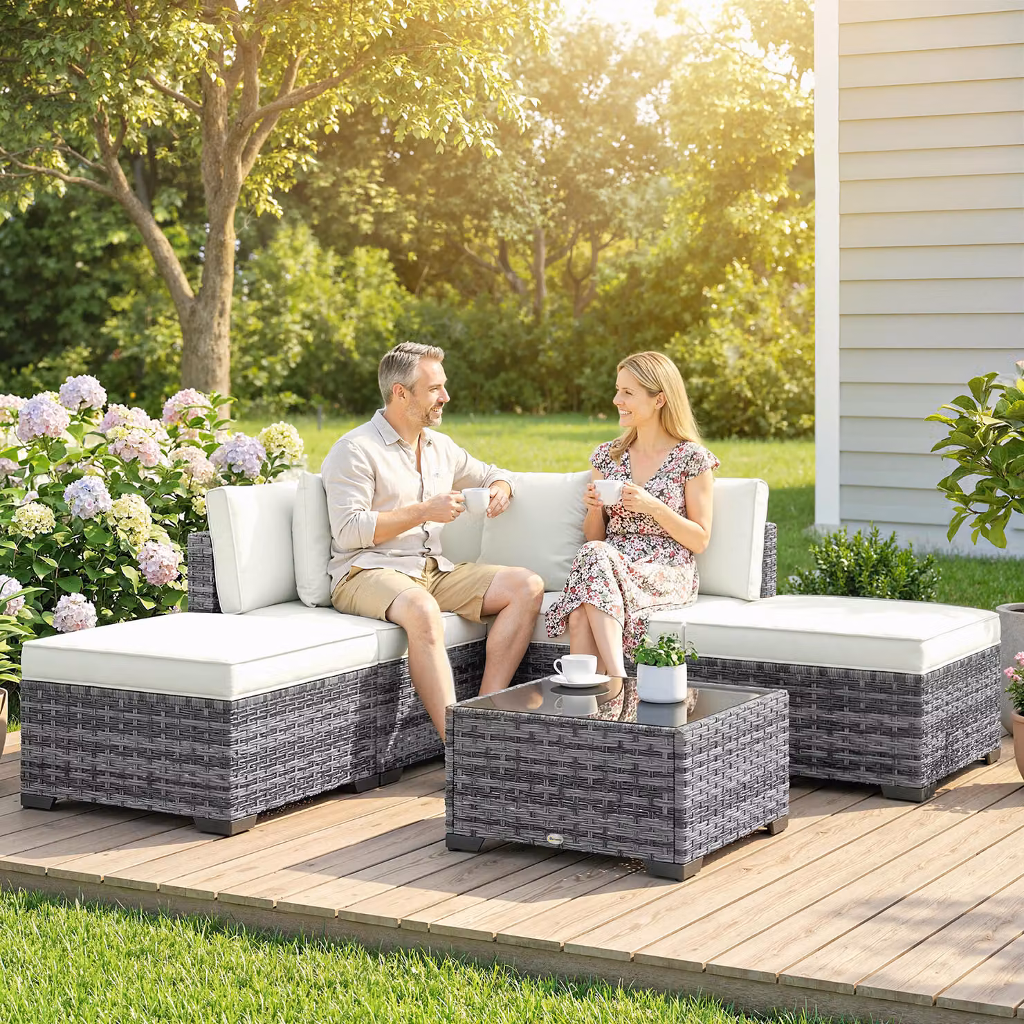 Set da giardino Outsunny Aosom composto da 6 pezzi in rattan e acciaio con divano a L, tavolino e cuscini, colore grigio – 2