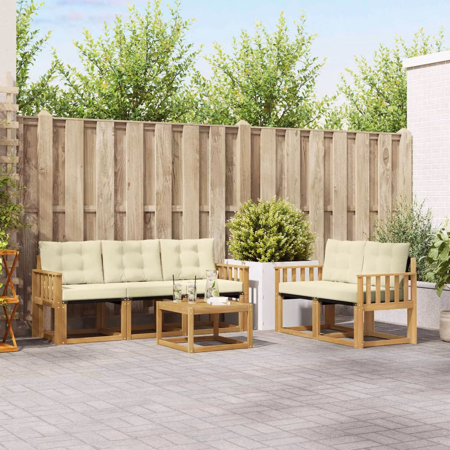 Set di divani da esterno moderno vidaXL in legno di acacia e textilene, 6 pezzi, Bianco, Beige e Marrone