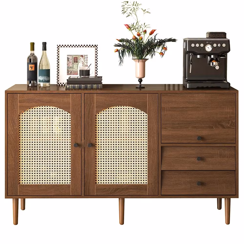 Buffet Rustico Xylo in Legno e Rattan Marrone con Chiusura Magnetica L/P/H: 130 x 40 x 75.5 cm – 2