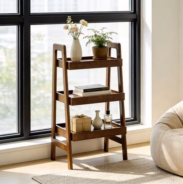 Scaffale a scala 80x45x32 cm in legno marrone, 3 ripiani aperti -