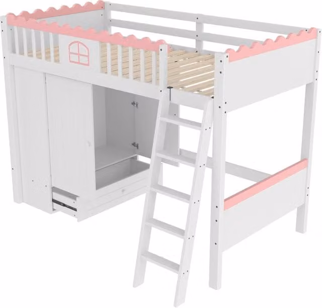 Letto a soppalco per bambini 90×200 cm 1 posto con LED, armadio e cassetto, senza materasso, in pino e MDF bianco