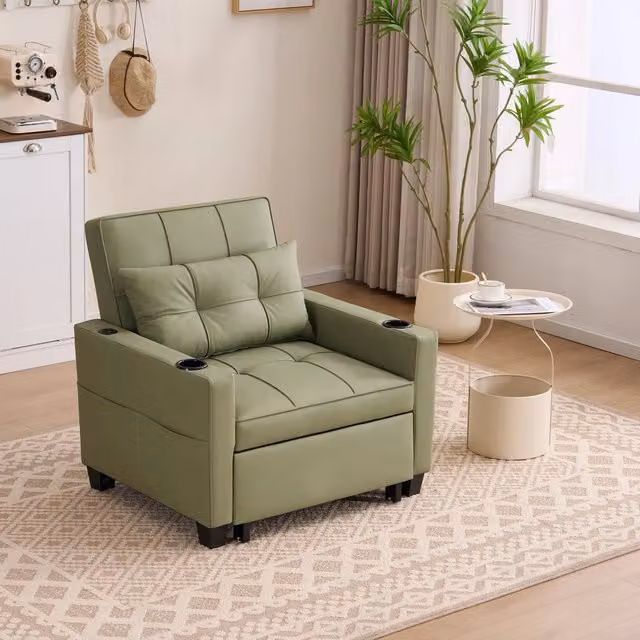 Poltrona letto convertibile 3 in 1 con funzione letto, tasca laterale e portabicchieri, in legno e metallo, avocado