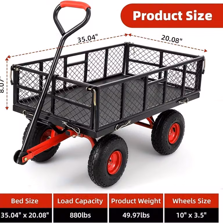 Carrello da giardino, robusto carrello metallico con una capacità di carico di 399 kg, dotato di 4 pareti laterali removibili e pneumatici