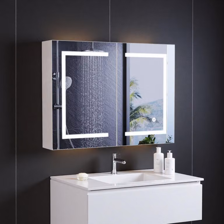 INONEFT, mobiletti specchio da bagno con illuminazione a LED, mobiletto specchio per il bagno largo 80 cm con ripiani regolabili, 2 ante, mobile da appendere, bianco