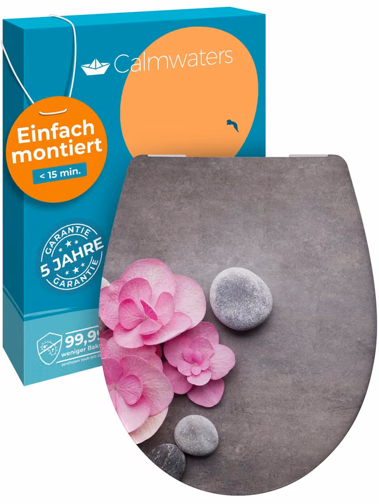 Sedile per WC Calmwaters® motivo Wellness Orchid di facile installazione, sedile per WC fino a 250 kg, EU, Duroplast antibatterico, meccanismo soft-close, 2 opzioni di installazione, rimovibile, sedile per WC, ovale