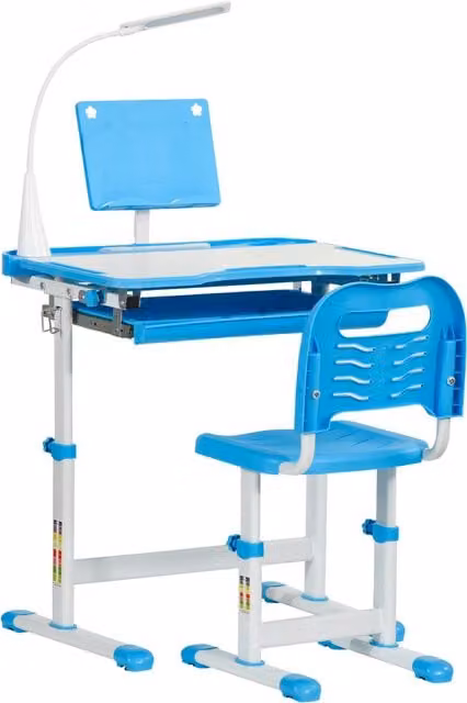 Scrivania per bambini HOMCOM con sedia regolabile e lampada LED, piano inclinabile a 45 gradi, colore blu – 1