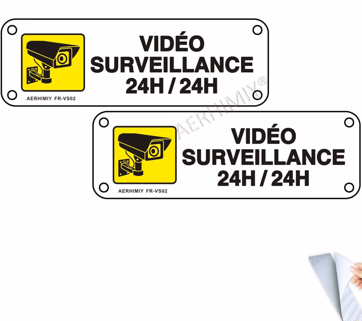 Pannelli di segnalazione "Videosorveglianza 24 ore" in metallo autoadesivi, 2 pannelli "Camera di sorveglianza" 5x15 cm, resistenti ai raggi UV, impermeabili, con fori preforati (alluminio)