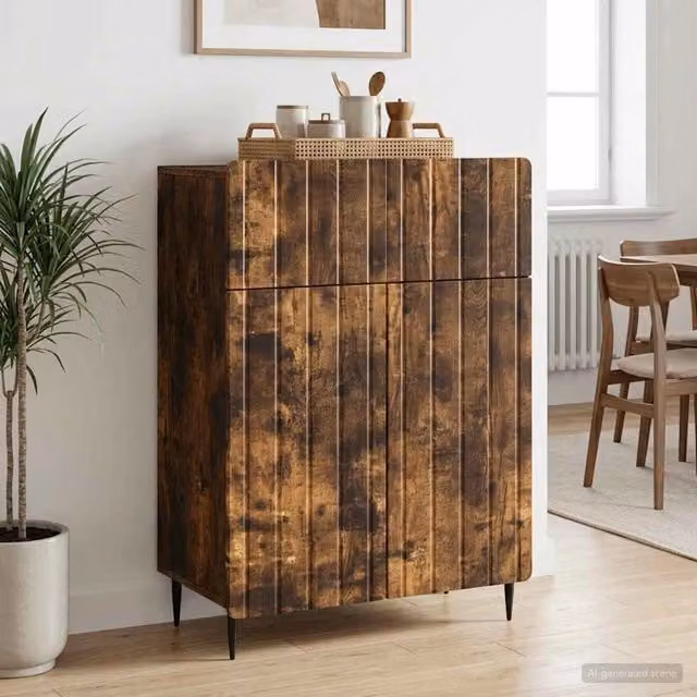 Credenza moderna vidaXL in legno MDF e metallo color rovere fumo, L: 66 cm, P: 34,5 cm, H: 92 cm
