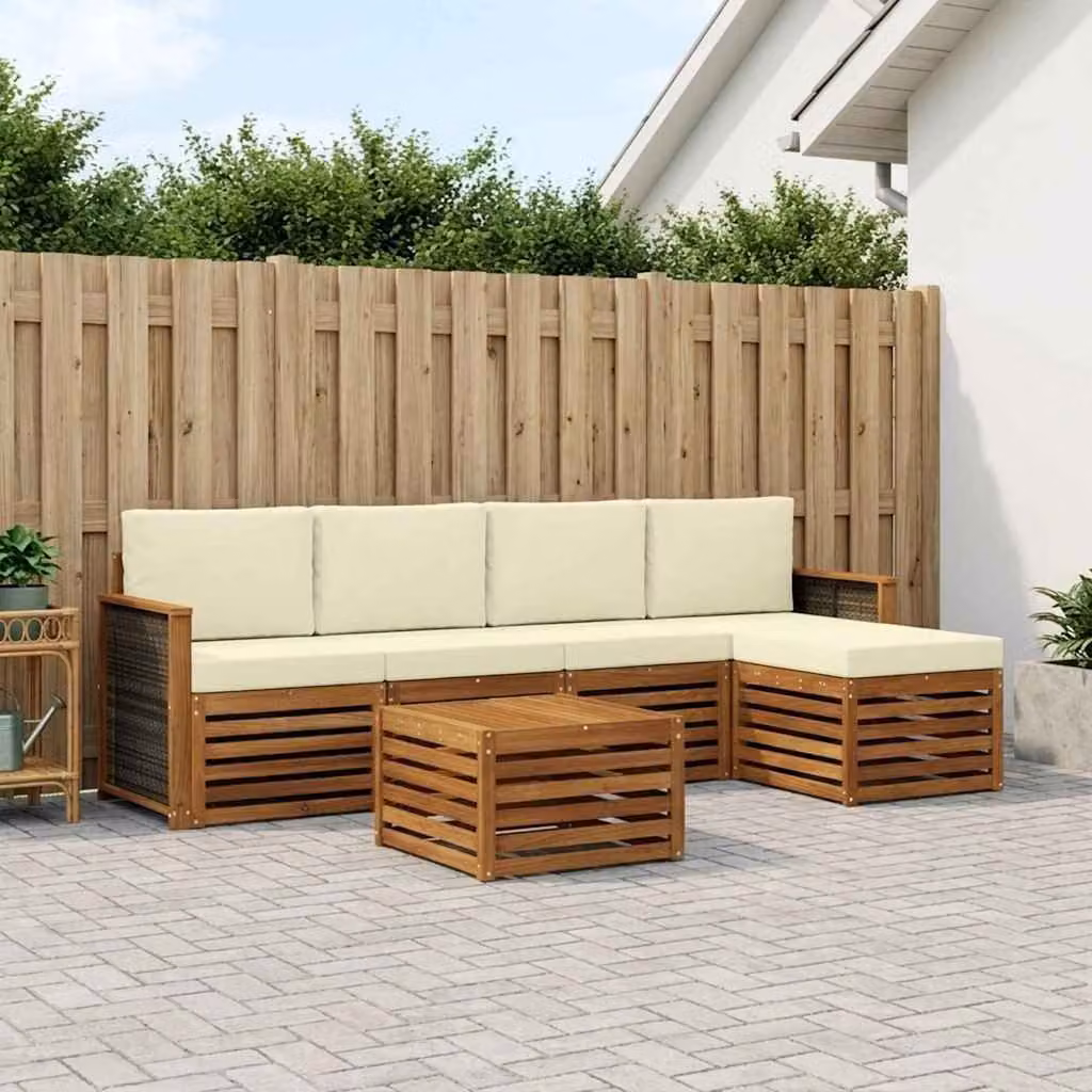 Set di divani da esterno vidaXL a forma di L in legno di acacia con tavolino e pouf, 6 pezzi, Beige e Marrone