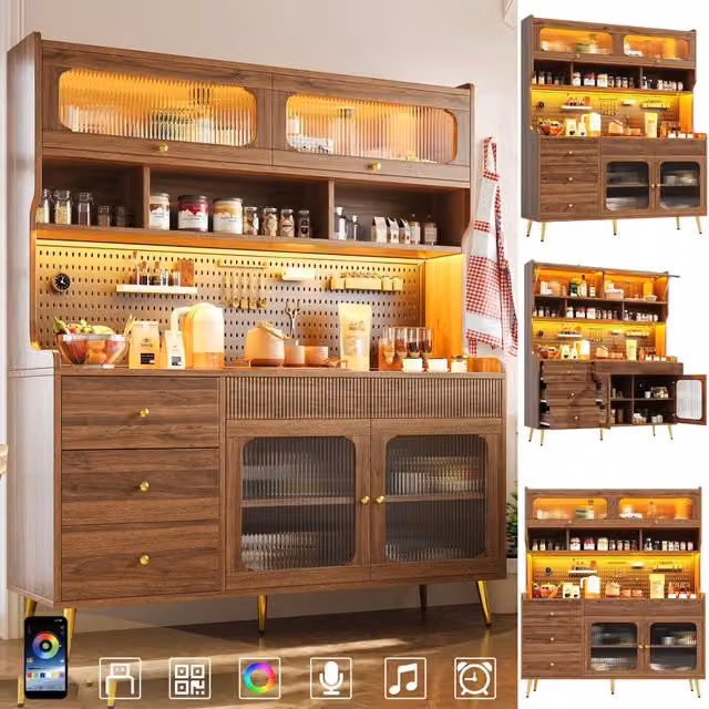 Sideboard moderno 145x39x171 cm colore noce con illuminazione LED e app, credenza stretta per cucina e soggiorno con pannello forato, cassetto e ripiani in vetro