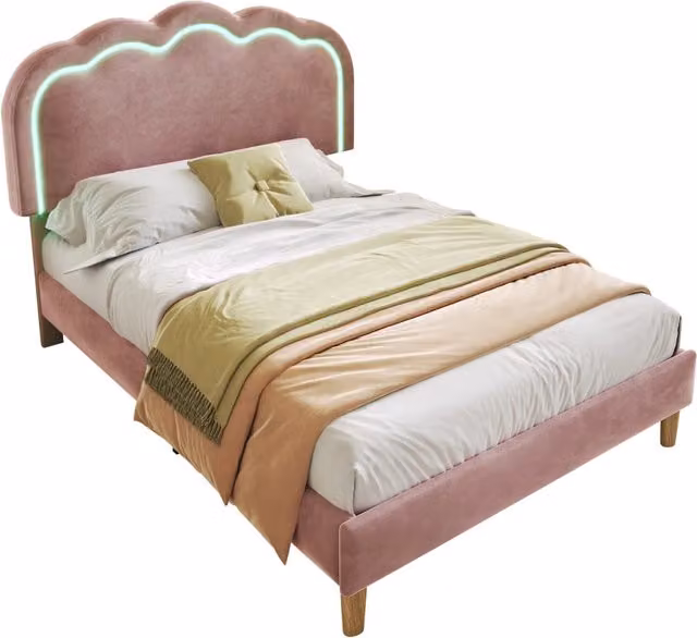 Letto imbottito LED singolo 90 x 200 cm con testiera regolabile, rete a doghe e rivestimento in velluto rosa per camera da letto e ospiti moderno