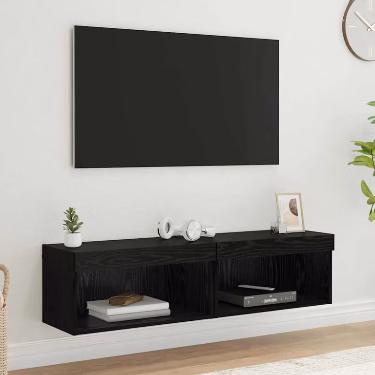 Set mobile TV moderno vidaXL in 2 pezzi, colore nero e rovere, in legno ingegnerizzato con illuminazione integrata e scomparti multimediali