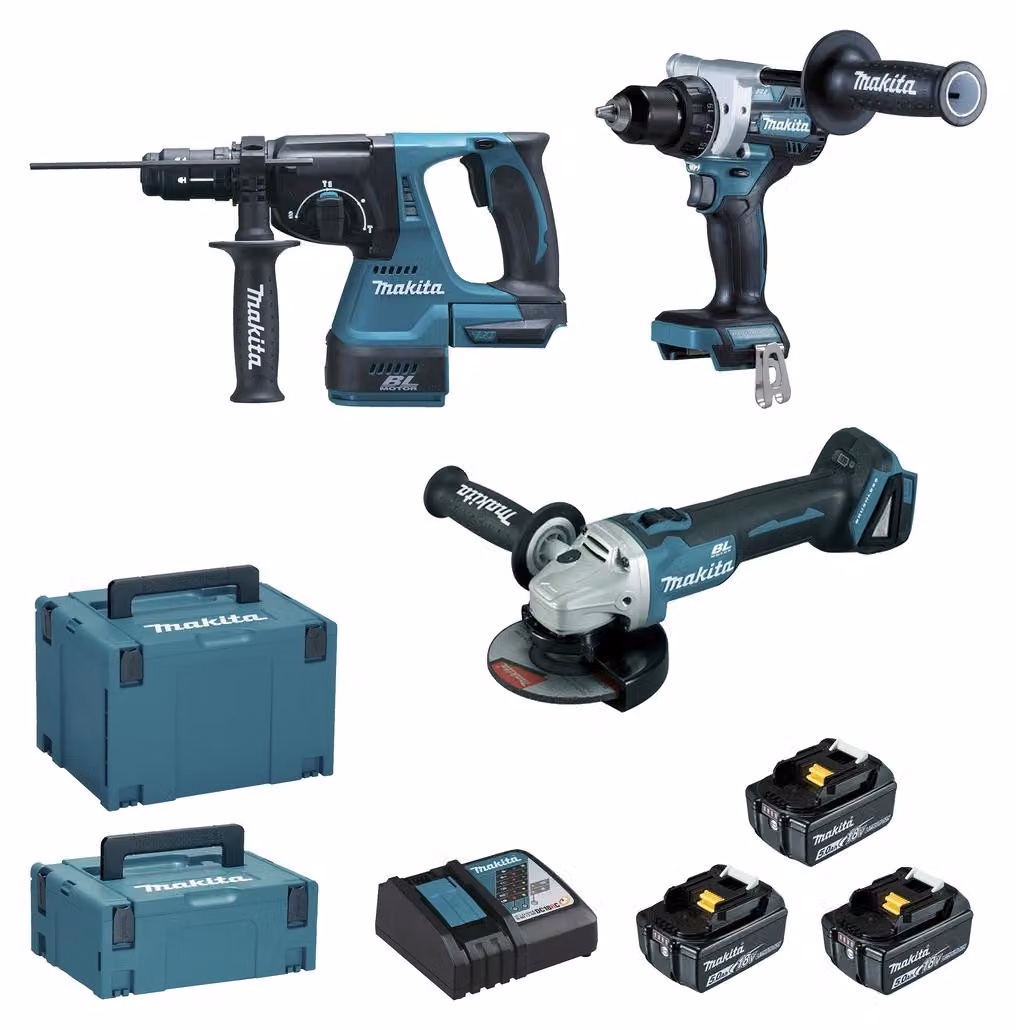 Set combinato Makita 18 V DLX3202TJ (DHP492, DGA506, DHR243) 3 batterie da 5,0 Ah e 2 caricabatterie