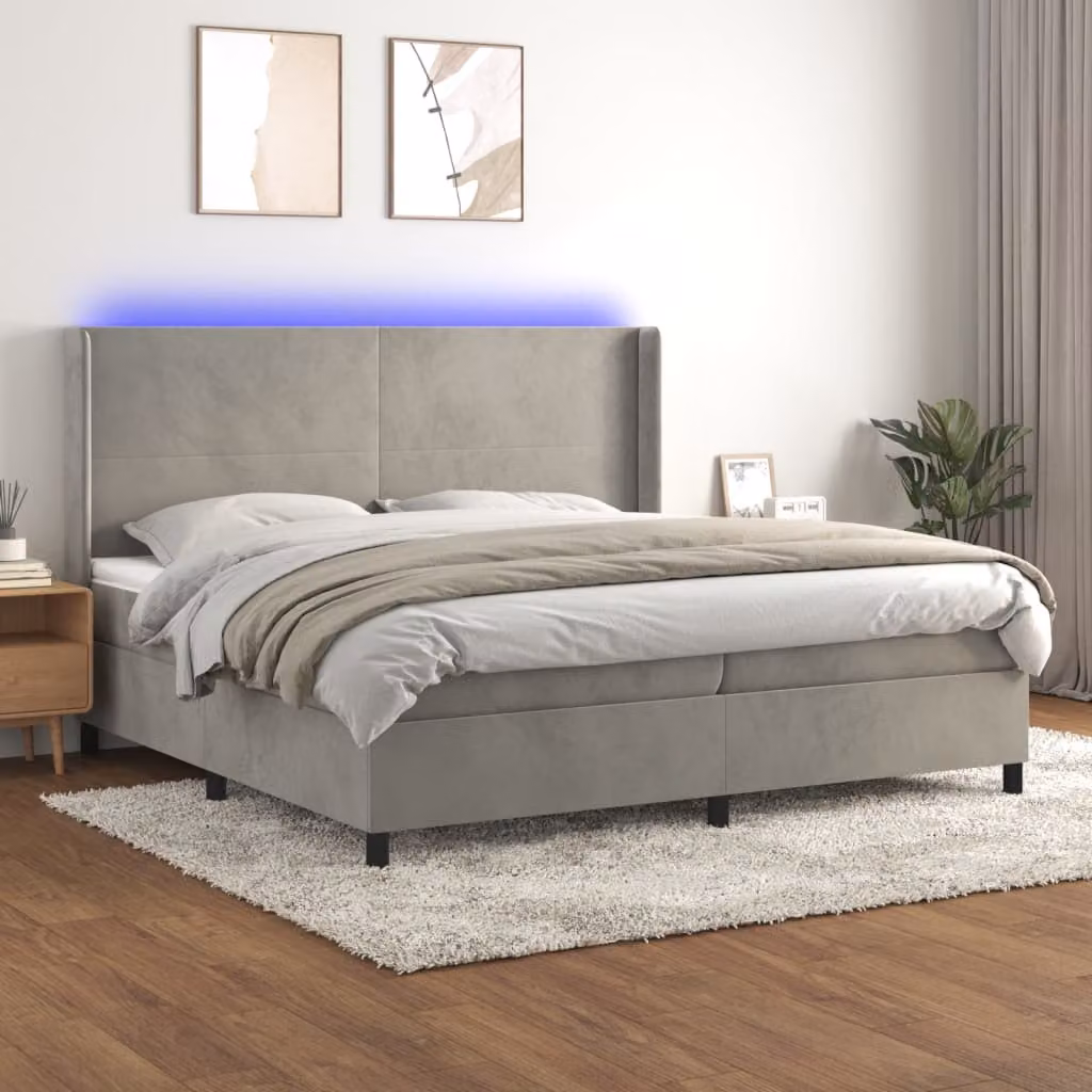 Letto Ibrido con Materasso e Illuminazione LED vidaXL in Velluto Grigio Chiaro 200x200 cm – 1