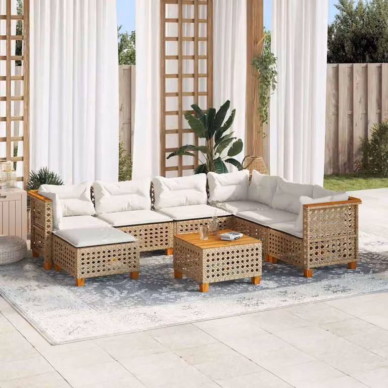 vidaXL Set Divano da Giardino 8 pz a L in Polyrattan con Cuscini Beige e Struttura in Legno di Acacia