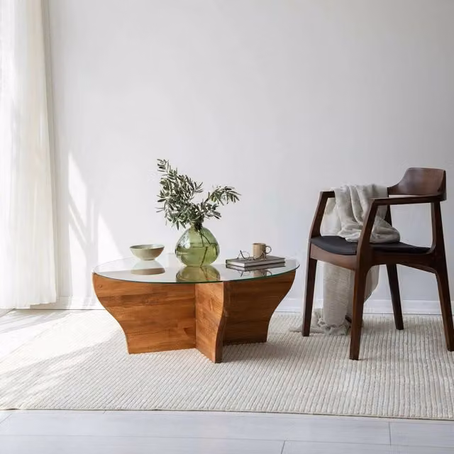 Tavolino da salotto Califfi DMORA con piano in vetro trasparente e struttura in legno rovere marrone, L/P/H: 92 x 92 x 36 cm