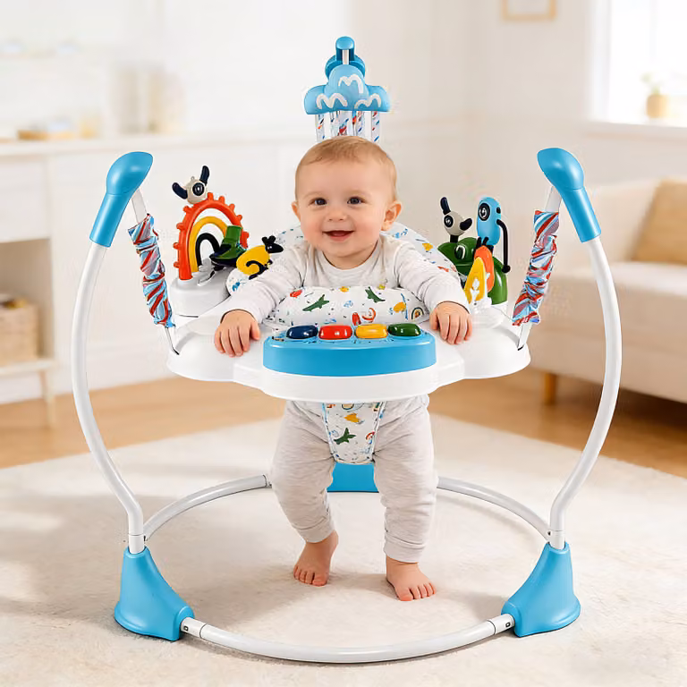 Centro attività bambini Costway Jumperoo con 6 giocattoli interattivi, luci e musica, altezza regolabile e tavolo a 360°, Blu e multicolore, per neonati da 6 mesi in su