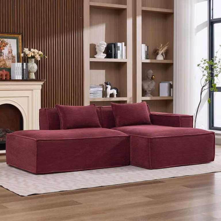 Divano componibile LVHOM in tessuto corduroy, 233 cm, divano lounge a terra a 2 posti con chaise longue, divano di facile manutenzione per il soggiorno, da montare, rosso
