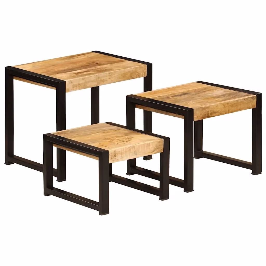 Set di 3 tavolini impilabili vidaXL in legno di mango e metallo, stile retro, colore marrone – 2