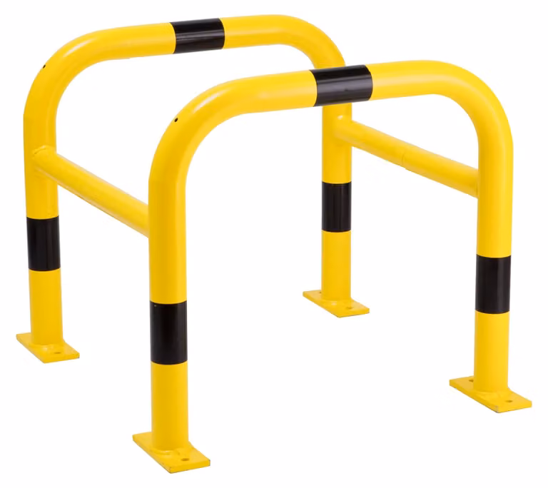 Protezione per colonne, staffa tubolare 60 mm, montante 48 mm, zincato a caldo, rivestimento giallo, strisce nere, LxPxA 720x720x600 mm, con piastra di base per fissaggio con tasselli