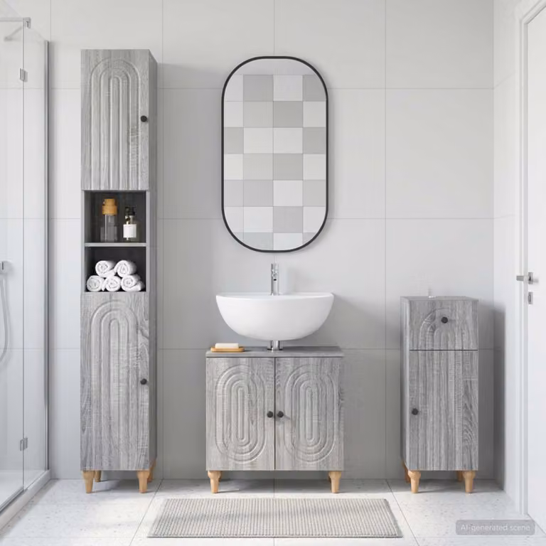 Set di armadietti da bagno moderni vidaXL ALKMAAR in 3 pezzi, colore grigio Sonoma, con mobile alto, mobile sottolavabo e mobile laterale