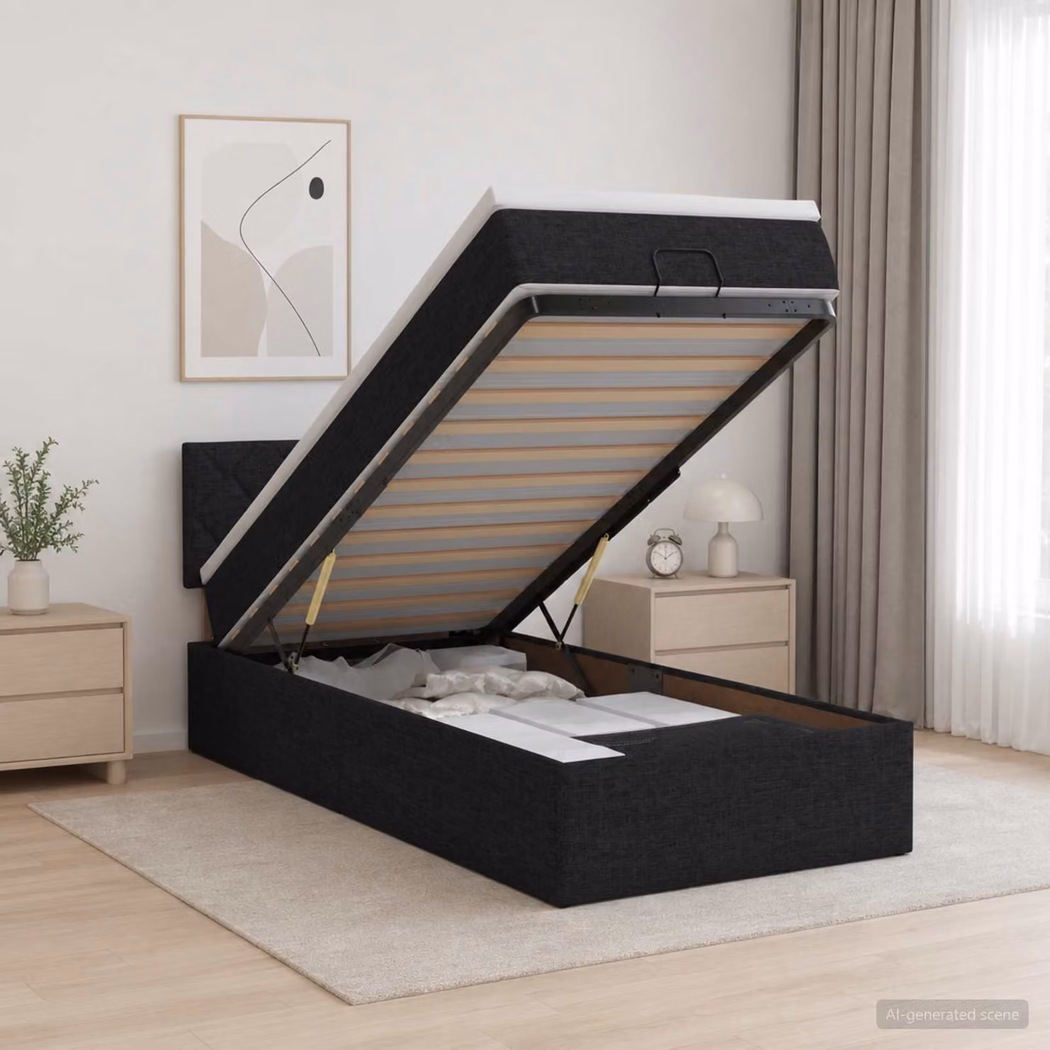 Letto ottomano con materasso vidaXL in tessuto nero, L/P: 190 x 90 cm