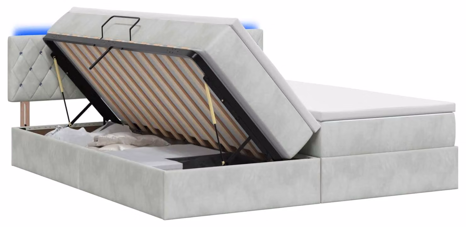 Letto imbottito con tecnologia LED e materasso, colore grigio chiaro, dimensioni 200 x 200 cm, rivestito in velluto
