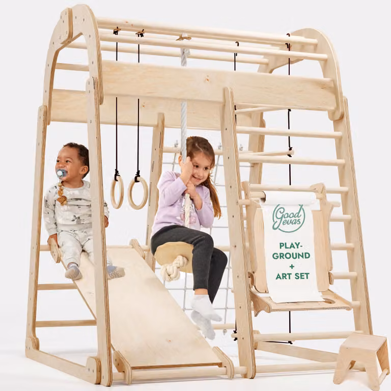 Struttura da arrampicata Montessori in legno con scivolo, altalena, parete da arrampicata, corda, scala di corda e set di colori – Parco giochi da interno per bambini dai 3 agli 8 anni