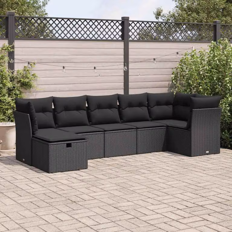 Set Divani da Giardino vidaXL a Forma di L con 7 Cuscini, Polyrattan e Struttura in Acciaio Nero