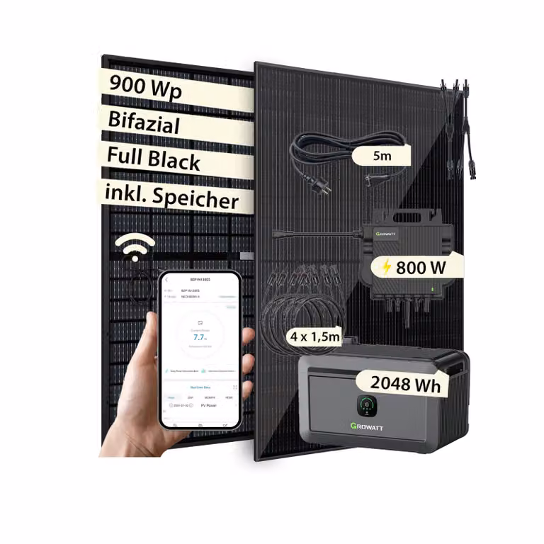 Impianto fotovoltaico da balcone VALE da 900 Wp con accumulatore bifacciale | Growatt Noah 2.048 Wh e Neo 800M-X | 2x 450 Wp Full-Black, cavo CA da 5 m, WiFi