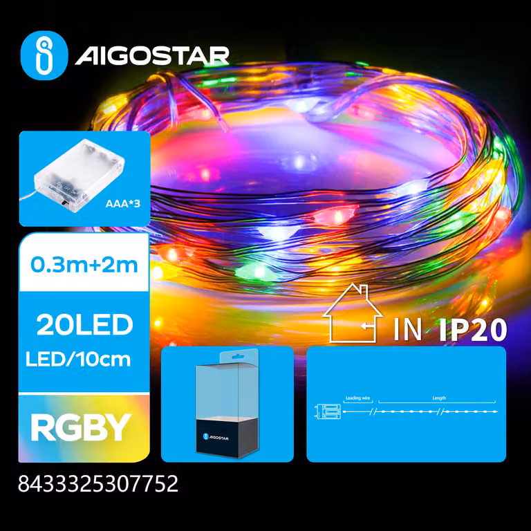 Catena luminosa natalizia a LED - 20 LED - filo di rame - 2700K - lampadine RGB - 2 metri - IP20 - 3 batterie AAA