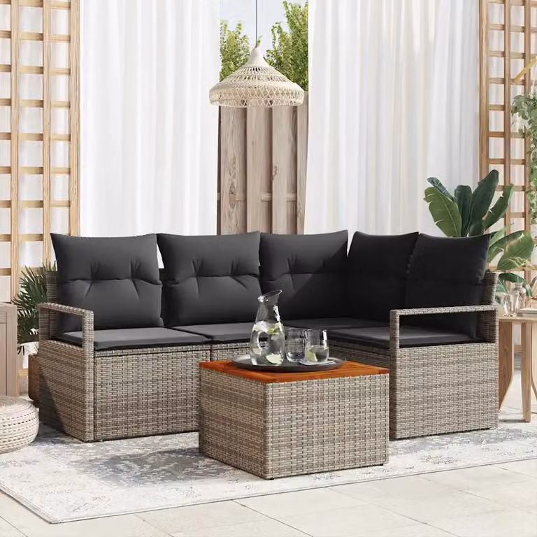 Set Divano da Giardino a L vidaXL 5 Pezzi Grigio con Cuscini e Tavolino in Polyrattan e Acciaio