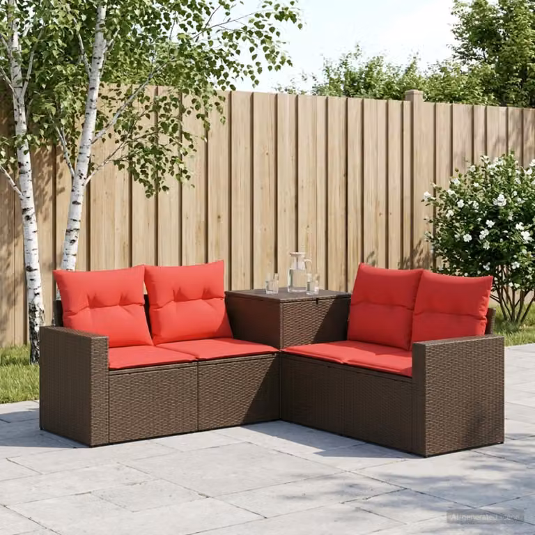 Set di divani da giardino a forma di L vidaXL in rattan e acciaio con cuscini, marrone e rosso
