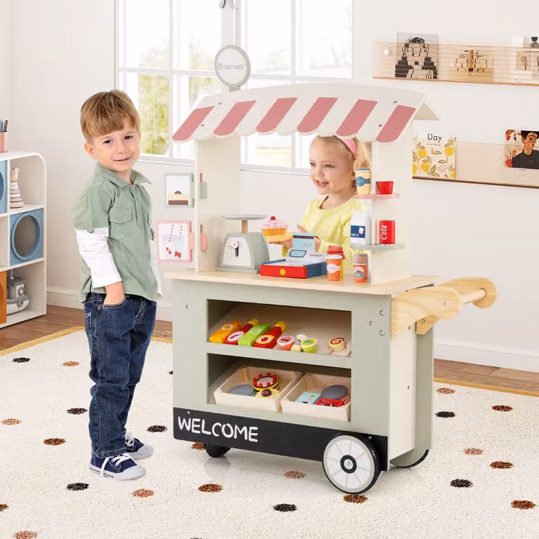Carrello della spesa giocattolo Costway con bilancia e ripiani, supermercato per bambini Verde chiaro