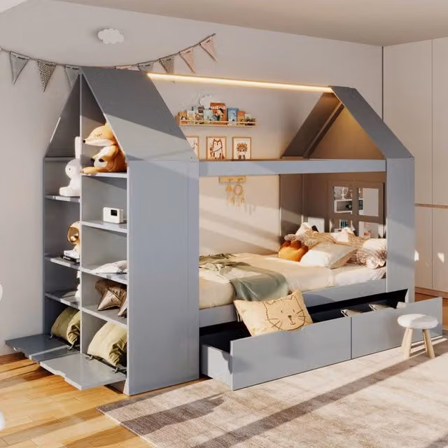 Letto per bambini WISHDOR a forma di casa con illuminazione LED e 2 cassetti contenitore, struttura in legno e MDF, grigio, L/P/H: 90 x 200 cm