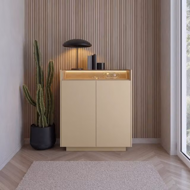 Madia Halane DMORA con illuminazione integrata, Credenza moderna in legno e vetro, L/P/H: 103 x 40 x 119 cm, Beige e Marrone