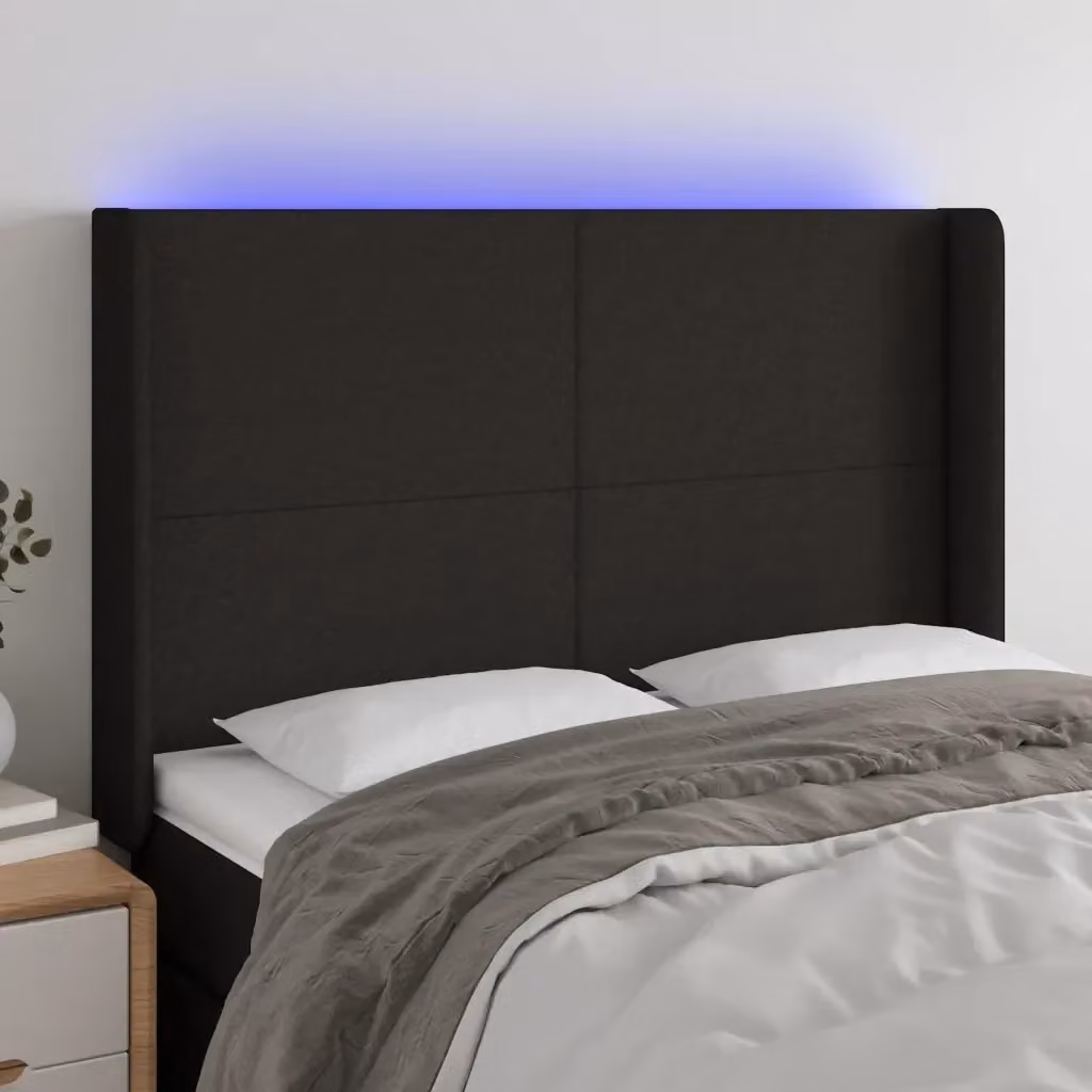 Testata del letto con illuminazione LED e porta di ricarica USB in tessuto nero, L: 147 cm, P: 16 cm, H: 118-128 cm – 2