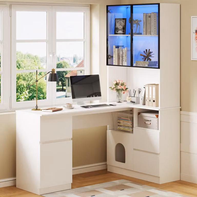 Scrivania angolare Flieks con scaffale, scrivania con passacavi, 3 cassetti e libreria integrata, vetrina a LED 120×80×180 cm, bianco