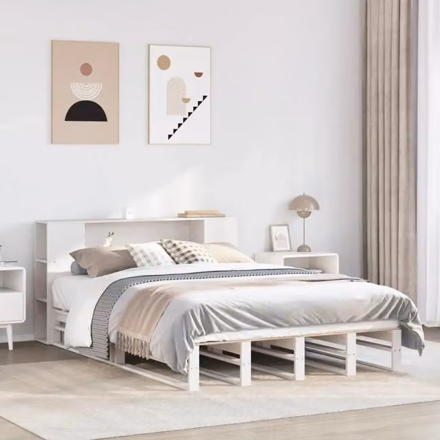 Letto Libreria senza Materasso-Struttura Letto con contenitore Bianco 135x190 cm Legno Massello