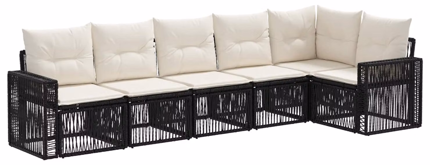 Set di divani da giardino, 6 pezzi, colore nero e crema, in rattan sintetico