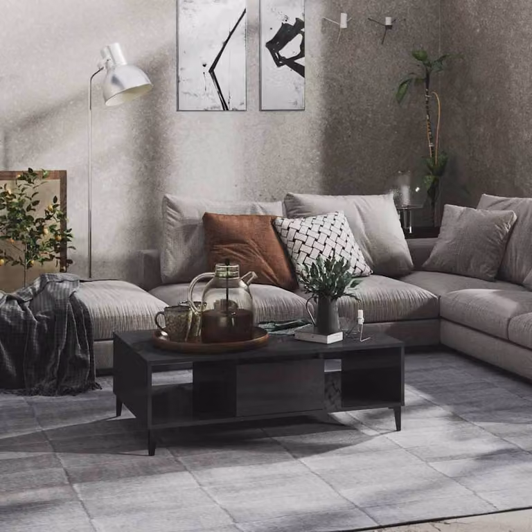 vidaXL Tavolino da Salotto Rettangolare in Legno e Metallo Grigio e Nero Lucido L: 103,5 cm, P: 60 cm, H: 35 cm