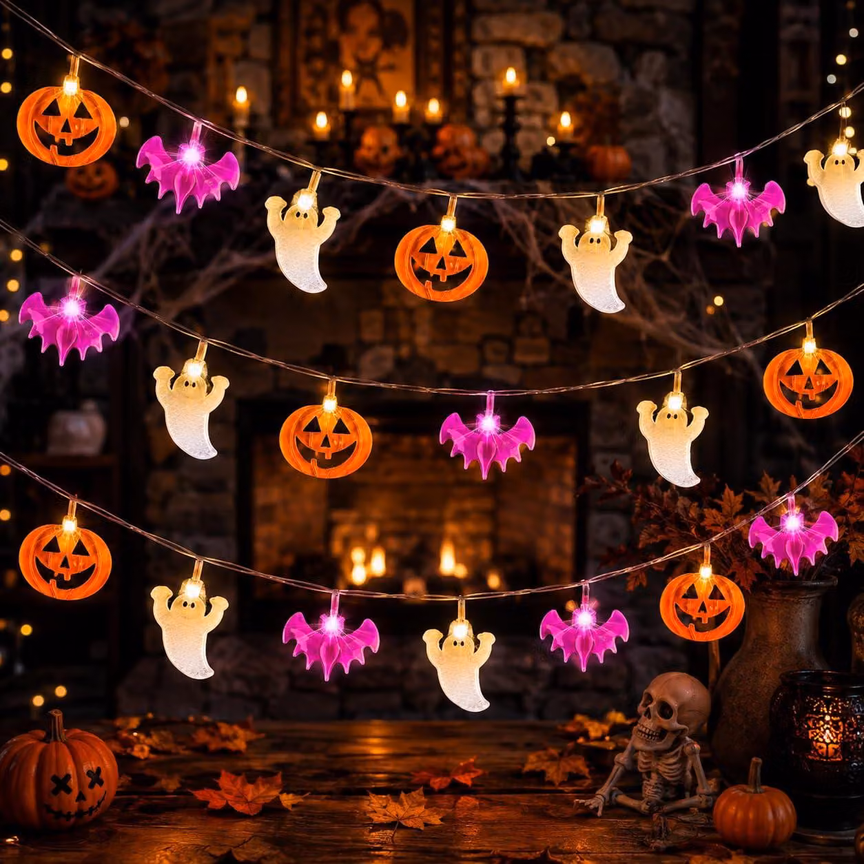 Catena luminosa a tema Halloween, 3 metri, 30 LED, con decorazioni di zucche, pipistrelli e fantasmi