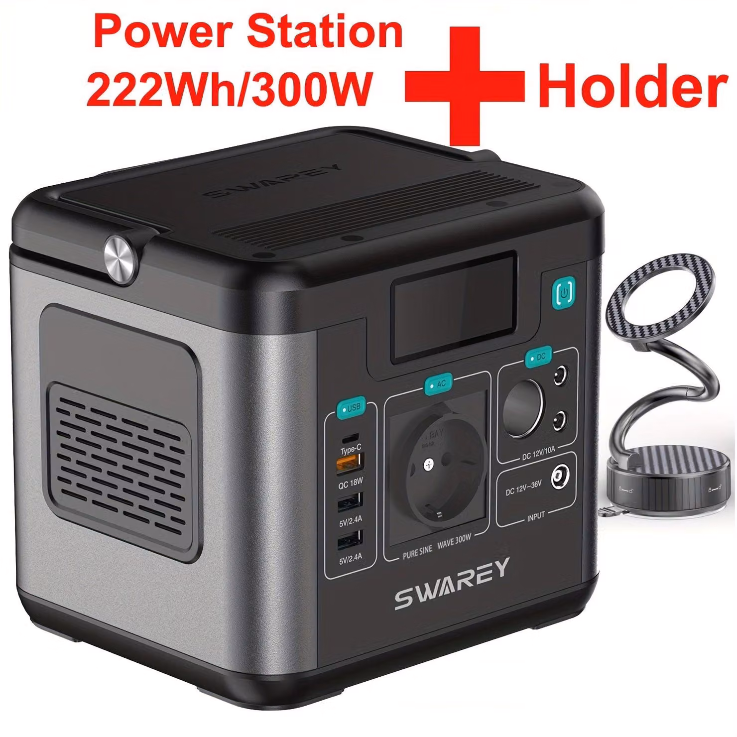 Centralina portatile SWAREY | Batteria al litio da 222 Wh, uscita AC da 300 W (picco 600 W), porta USB-C da 65 W, power bank solare per attività all'aperto, campeggio e viaggi