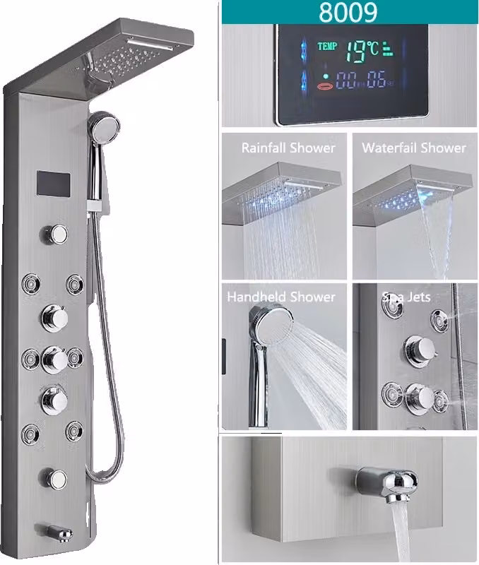 Miscelatore vasca-doccia a LED, display digitale della temperatura, opzioni doccia multifunzione, spazzolato 8009