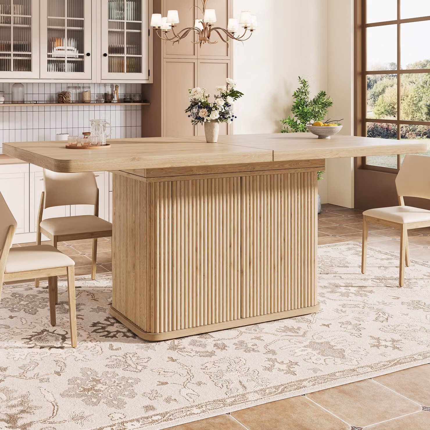 Tavolo allungabile con vano contenitore nascosto e piano ribaltabile, tavolo da cucina con decorazioni a rilievo verticali, tavolo da pranzo 140-180 cm, aspetto legno chiaro