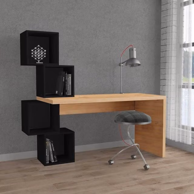 Scrivania Balance Effezeta Italia con piano in rovere e ripiani cubotti neri L: 140 cm, P: 60 cm, H: 76,7 cm