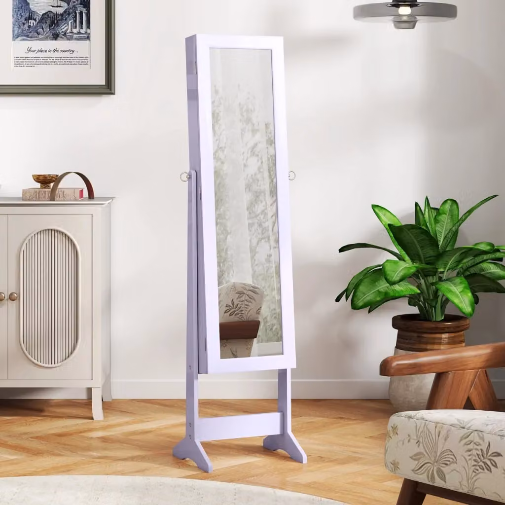 Armadio portagioie viola con specchio a figura intera e 4 mensole per trucchi, dotato di 64 spazi per orecchini, 20 ganci per collane e 72 fessure per anelli, H: 144 cm, L: 30 cm, P: 30 cm – 2
