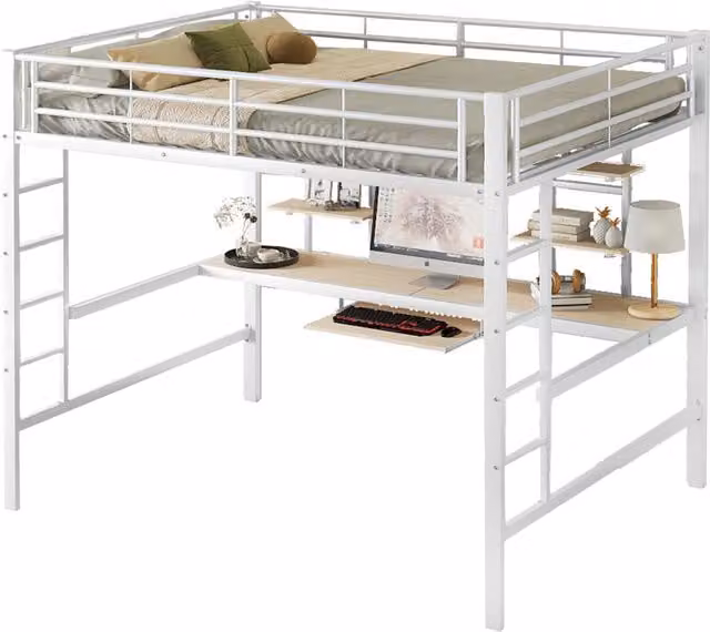 Letto a Soppalco Matrimoniale Bianco con Scrivania, 2 Scaffali e Ripiano Tastiera, L/P/H: 140 x 200 x 204 cm – 1