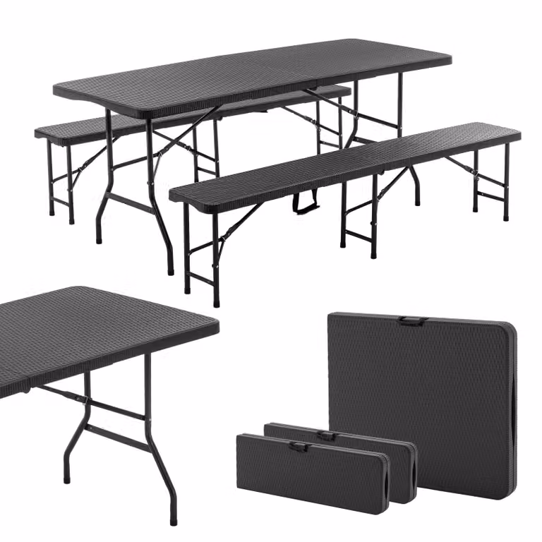 Set tenda da birra pieghevole 3 pezzi tavolo + 2 x panca set da giardino in plastica resistente alle intemperie 180 cm set di mobili da giardino per interni ed esterni con maniglia di trasporto